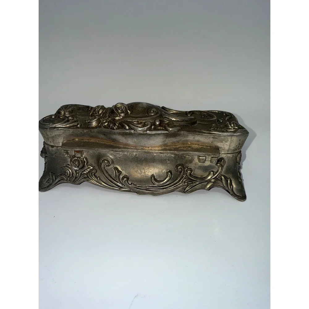 Vintage Art Nouveau Silver Tone Rose Floral Metal Trinket Jewelry Box Red Velvet